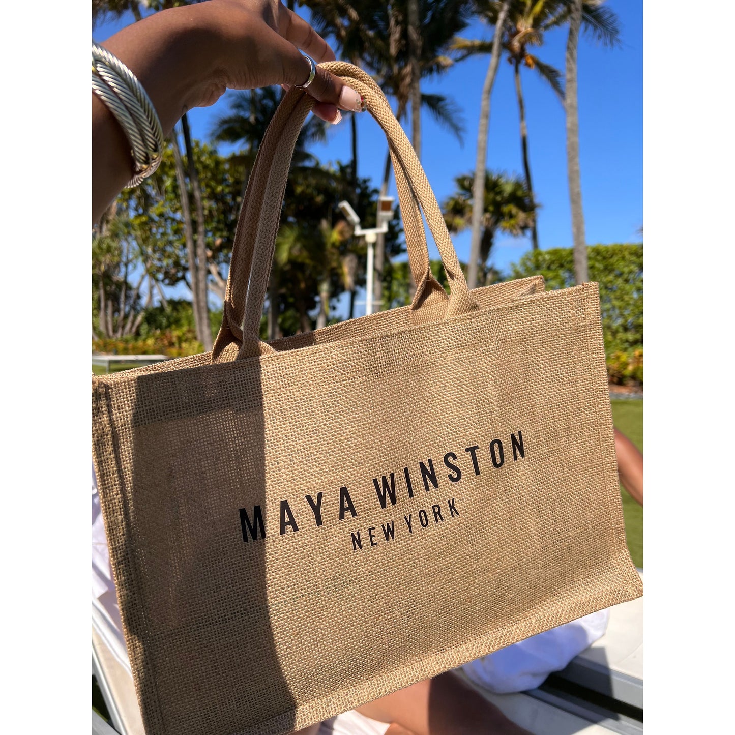 MAYA WINSTON BURLAP BEACH BAG