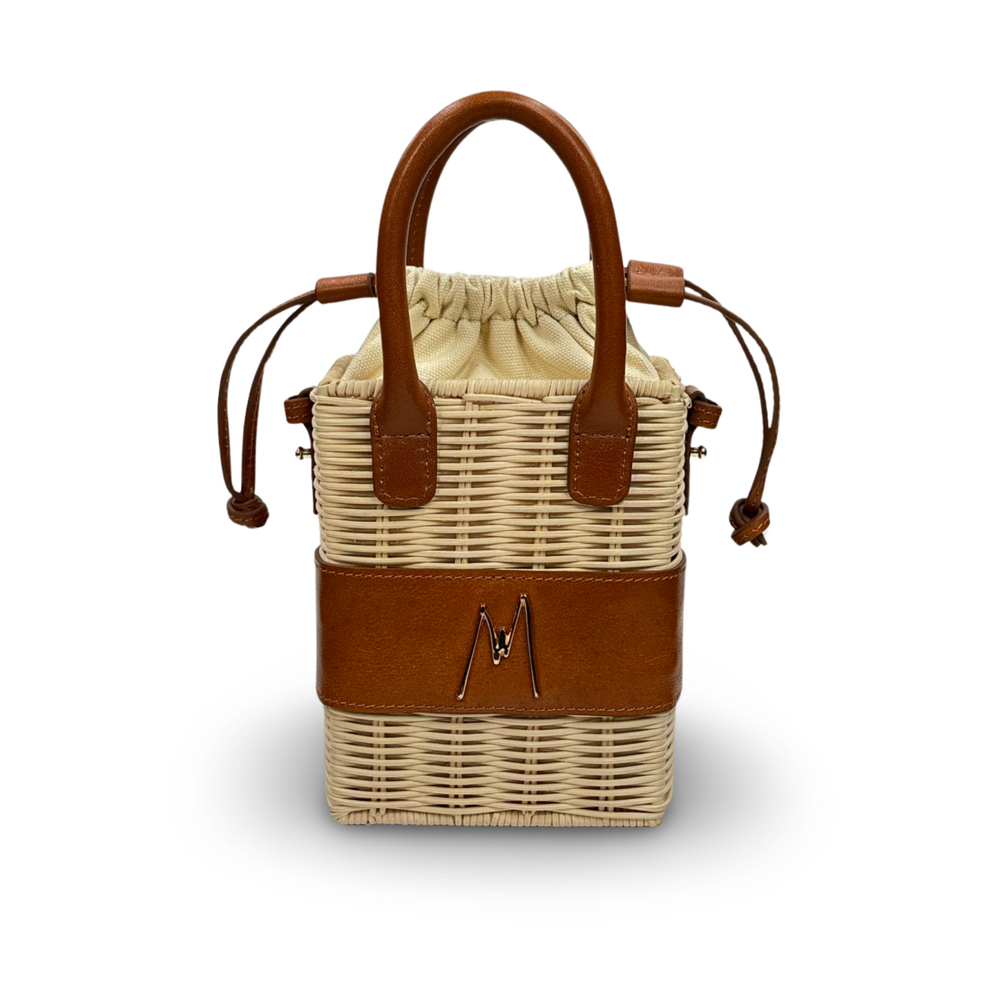 "SMALL RAFFIA LEATHER TOTE"  BROWN