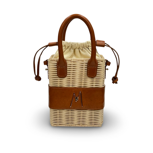 "SMALL RAFFIA LEATHER TOTE"  BROWN