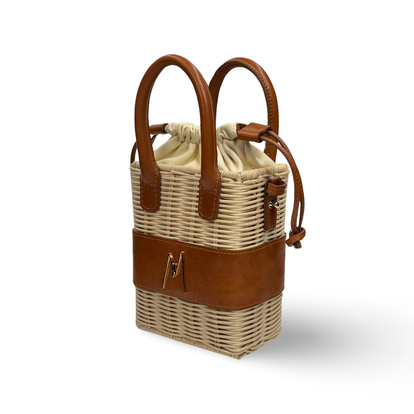"SMALL RAFFIA LEATHER TOTE"  BROWN