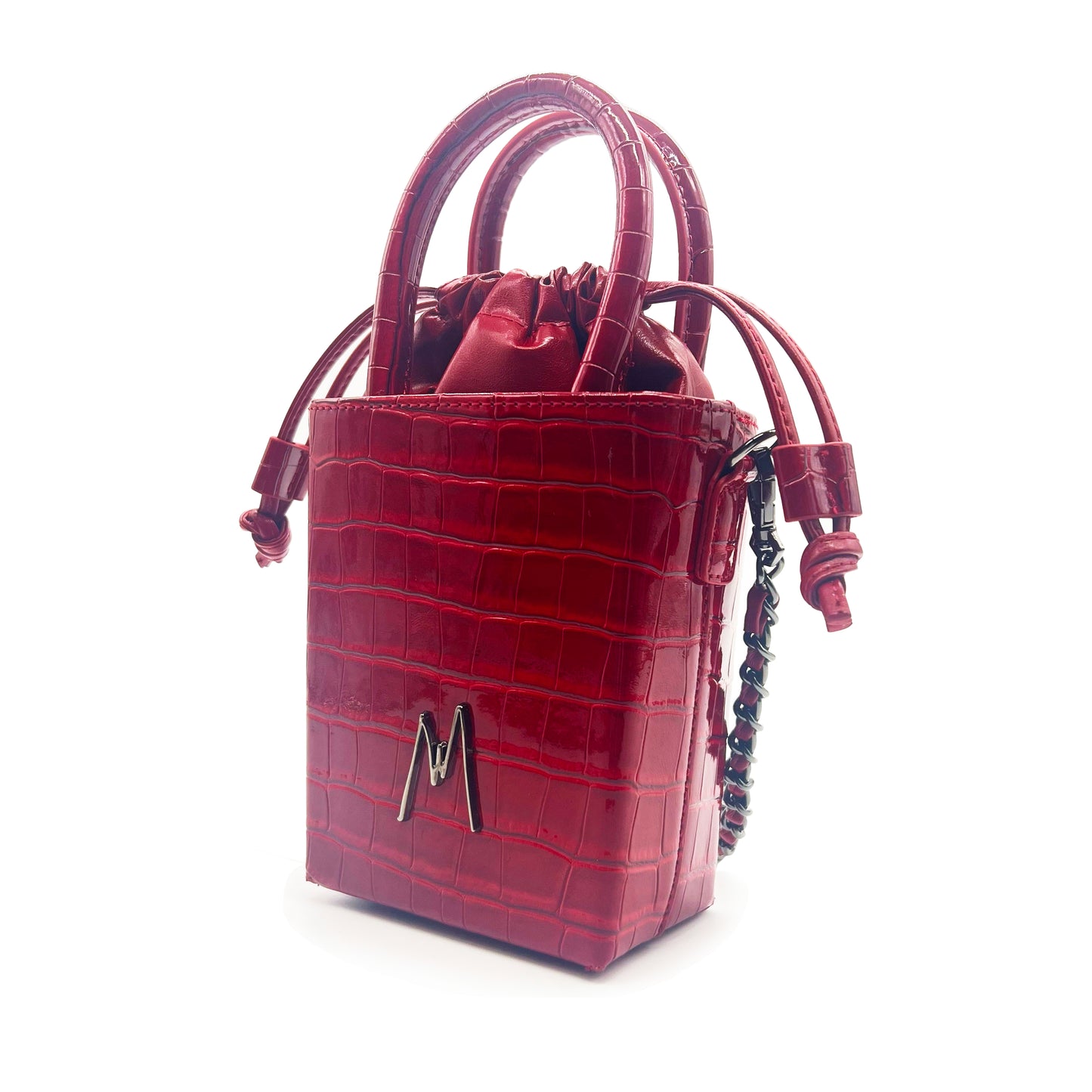 "SMALL LEATHER TOTE" CROCODILE EMBOSSED - CRANBERRY RED