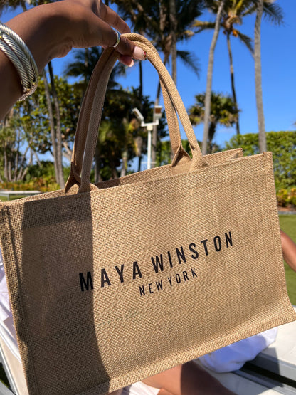 MAYA WINSTON BURLAP BEACH BAG