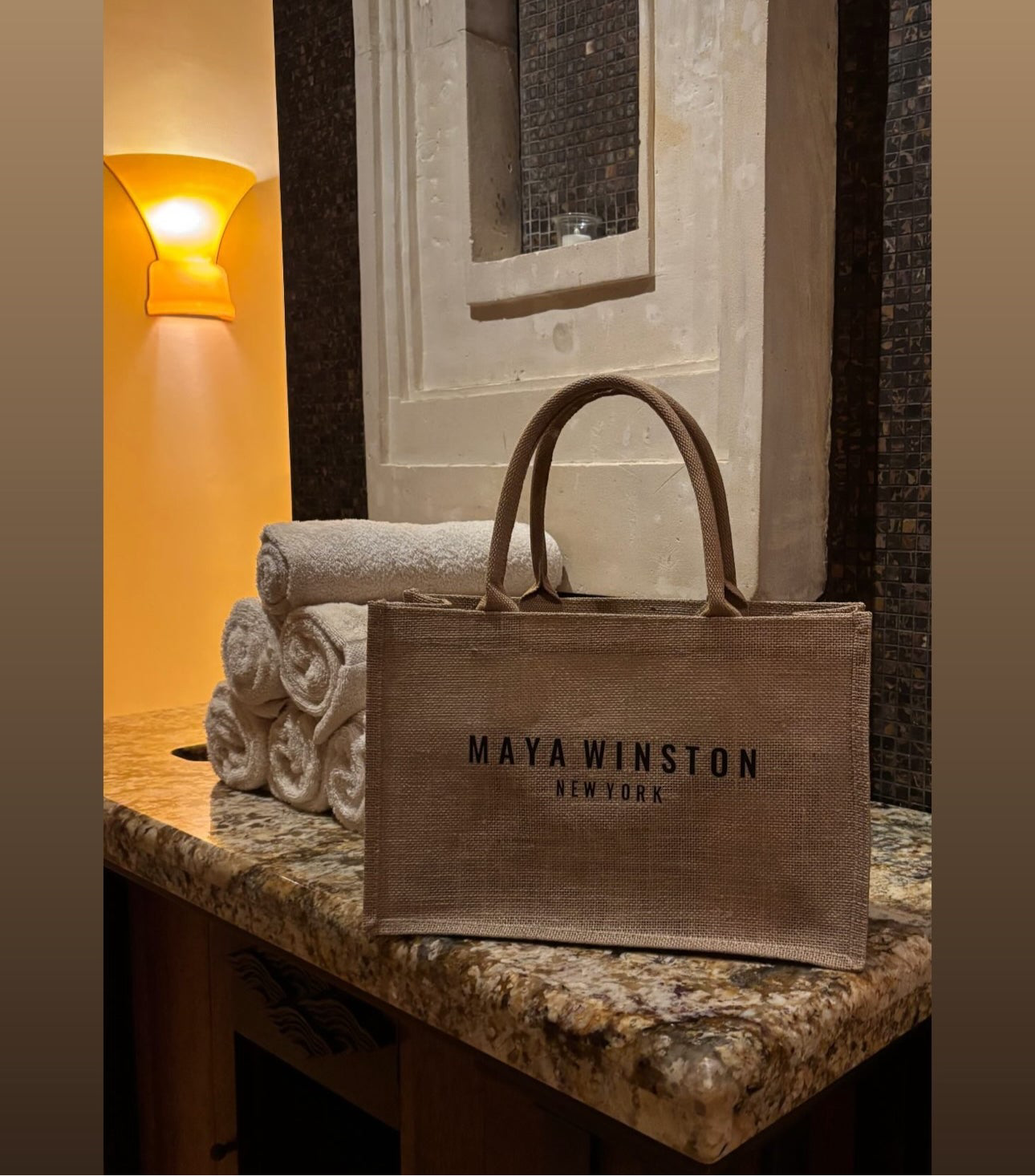 MAYA WINSTON BURLAP BEACH BAG
