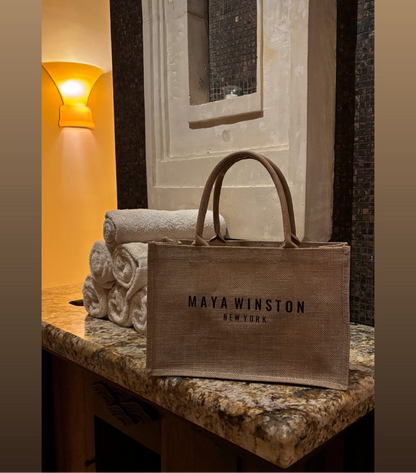 MAYA WINSTON BURLAP BEACH BAG