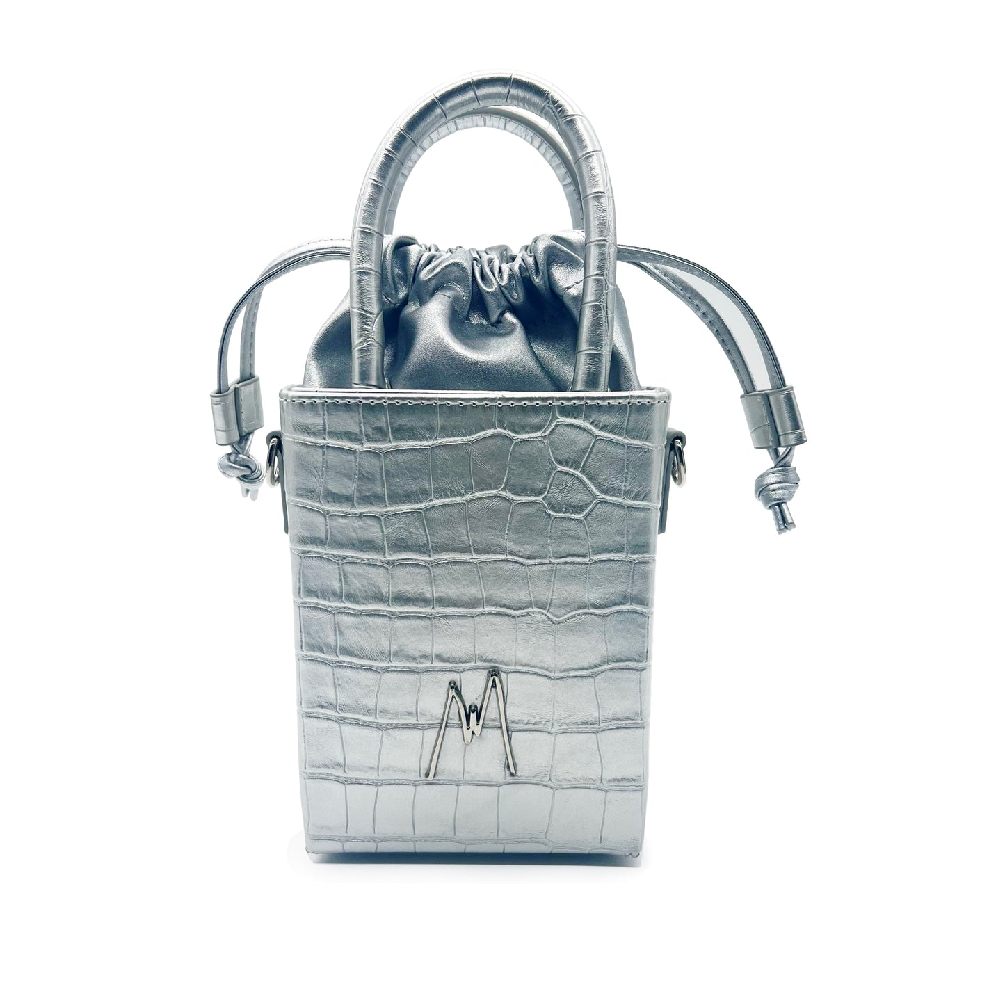 "SMALL LEATHER TOTE"  CROCODILE EMBOSSED - STERLING SILVER
