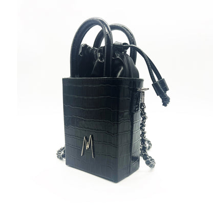 "SMALL LEATHER TOTE"  CROCODILE EMBOSSED- BOSEMAN BLACK